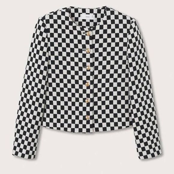 Mango Check Black White Blazer Jacket Textured - Picture 7 of 8